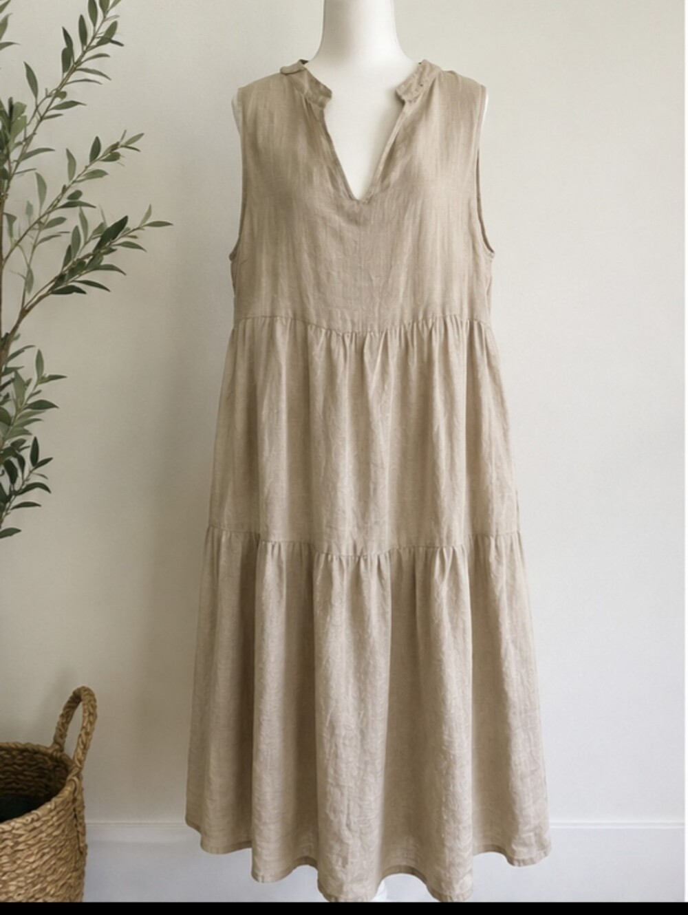 Le Ragazze 100% Linen Oversized Tiered Midi Dress XL Beige Lagenlook